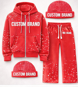 Custom Logo Winter Breathable 100% Cotton Pink Rhinestone Zip Streetwear Hoodie <b>Jogger</b> Sweatsuit <b>Set</b> <b>Matching</b> Beanie Men - Product Image 1