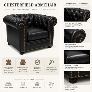 Fauteuil Chesterfield moderne en cuir noir, dossier capitonné de luxe, avec garniture de clous dorés, canapé monoplace pour bureau et maison - Product Image 6