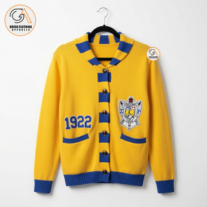 เสื้อผ้ากรีก เสื้อคลุมคาร์ดิแกนสีเหลืองน้ำเงินสำหรับผู้หญิง ปี 1922 ปักลายสไตล์ลำลอง แขนยาว ถักนิตติ้ง ผ้าฝ้าย 100% - Product Image 1