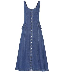 Vestido Midi Azul Vaquero sin Mangas con Pliegues Escalonados, Estilo Espalda Descubierta con Botones Delanteros para Fiestas Casuales - Product Image 2
