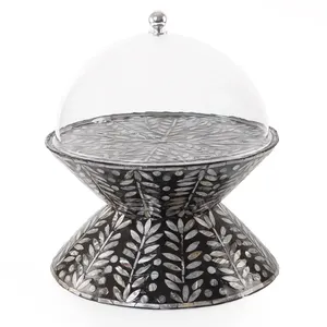 Supreme mother of pearl <b>cake</b> <b>stand</b>, ash grey handmade shell pedestal bowl <b>set</b> with dome for confectionery - Product Image 3