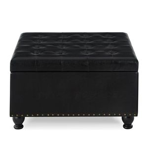 Grande Pouf Contenitore Quadrato Nero con Gambe in Legno, Tavolino da Caffè Imbottito con Bottoni e Finiture a Chiodo per Soggiorno - Product Image 3