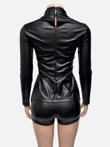 Fashion Custom Logo Summer 2 Piece <b>Pants</b> Set PU Leather Clubwear Bodycon Women Short Sleeve Crop Top Outfits Shorts Sets Women - Product Image 6