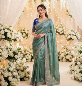 Sari en soie turquoise élégant avec broderie argentée et chemisier bleu pour les occasions de mariage, sari traditionnel pour femmes, longueur au sol - Product Image 1
