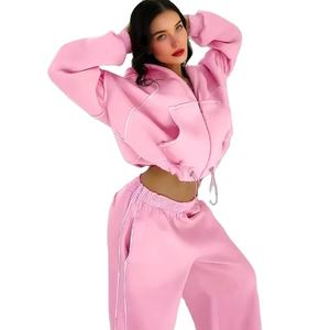 Ensemble survêtement personnalisé rose 100% coton molletonné avec fermeture éclair intégrale pour femmes, pantalon de survêtement ample et ample avec épaules tombantes - Product Image 1
