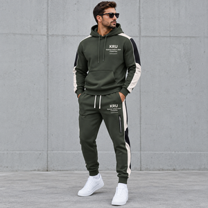 KRU Men's Hooded Tracksuit Set <b>Black</b> Gray Stripe Full Sleeve Casual Sweatshirt <b>Pants</b> With Side Pockets Breathable Polyester - Product Image 4