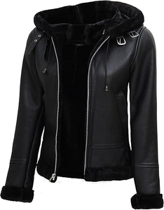 Veste de moto en cuir véritable pour femme avec capuche à fourrure, fermeture éclair, manches longues, couleur unie, coupe-vent pour l'hiver - Product Image 6