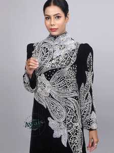 Chaqueta Elegante Awais House para Mujer, Negra, de Terciopelo, Larga hasta el Suelo, con Cuello en V, Manga Larga, Bordado con Cuentas, Silueta en A - Product Image 4