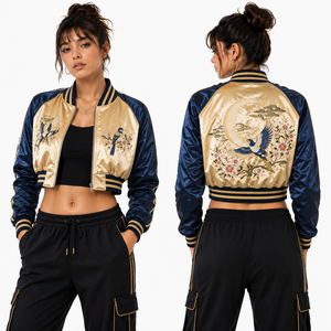 Chaqueta Corta de Satén para Mujer con Diseño de Fénix y Forro Suave, Marca Privada, Venta al Por Mayor, Fabricante de Ropa con Logotipo Personalizado OEM - Product Image 3