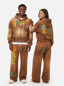 Conjuntos de dos piezas con logo personalizado y estampado de invierno: Sudadera con capucha con cremallera y pantalones de chándal oversize, cómodos, estilo vintage lavado, corte relajado y ajustado. - Product Image 6