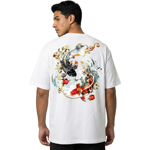Camiseta Blanca de Manga Corta para Hombre, Estampado de Peces Koi y Flores, Cuello Redondo, Corte Holgado Informal, 100% Algodón, Transpirable, Diseño Tejido Bordado - Product Image 3