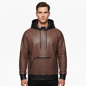 Sudadera con Capucha de Cuero para Hombre, con Bolsillos Delanteros, Sudadera con Capucha de Cuero de Manga Larga para Hombre, Sudadera con Capucha de Cuero al por Mayor para Hombre - Product Image 1