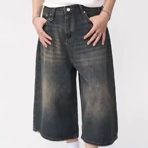 High Waist Wide Leg Washed <b>Denim</b> Shorts Men's Casual Summer Loose Straight Mid-length Pants Breathable Cotton Fabric - Product Image 5