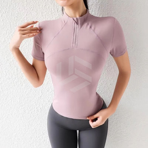 Women's Eco-Friendly Breathable Quick Dry Zipper up Short Sleeve Regular Fit Gym Shirts with <b>Pocket</b> for Fitness Yoga - Product Image 1