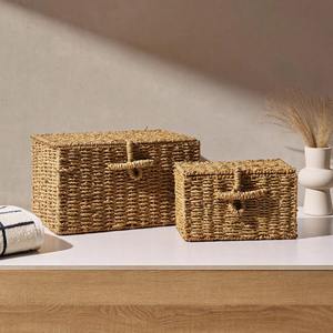 Natural Seagrass <b>Storage</b> Basket Set 2 Rectangle Woven Organizer Box with <b>Lid</b> Handmade Household Keeping <b>Bin</b> - Product Image 5