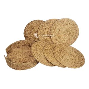 Ensemble de sets de table et sous-verres ronds tressés en jacinthe d'eau, écologiques et de luxe, avec panier de rangement pour salle à manger domestique - Product Image 3