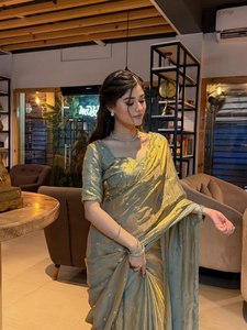 Fandy <b>Satin</b> Silk <b>Saree</b> with Original Rose Gold Beads Work Cutwork Border Designer Party Wear <b>Saree</b> with Heavy Worked Blouse - Product Image 1
