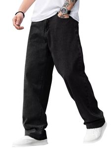 Jeans de Mezclilla Negros de Pierna Recta para Hombre, Cintura Media, Corte Holgado, Estilo Casual de Algodón, para Otoño - Product Image 1