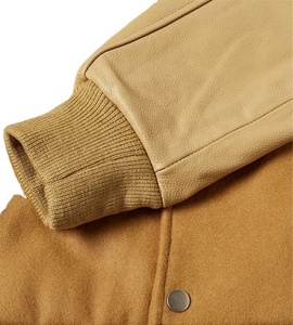 Men's Tan <b>Suede</b> Bomber <b>Jacket</b> With Leather Sleeves Stand Collar Casual Autumn Wear - Product Image 5