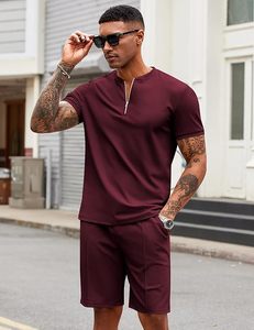Conjunto de Pantalones y Top de Manga Corta con Cuello de Punto y Cierre de Cremallera para Hombre, Color Borgoña, Ropa Casual de Verano, Transpirable, de Color Sólido, Dos Piezas - Product Image 1