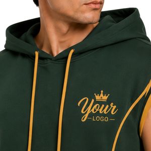 Conjunto Deportivo para Hombre, Color Verde Mostaza, Sin Mangas, con Capucha, Logotipo Personalizado, para Gimnasio, Fitness, Entrenamiento, Sudadera y Pantalones Cortos Deportivos - Product Image 3