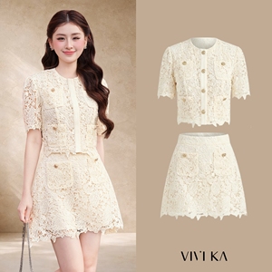 Ensemble deux pièces pour femmes, haut court à manches bouffantes en dentelle et mini-jupe MILA Vietnam VIVI KA, décontracté, 100% polyester, coupe classique - Product Image 1