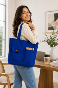 Sac fourre-tout en toile bleue avec poches avant pour le shopping et l'usage quotidien - Product Image 3