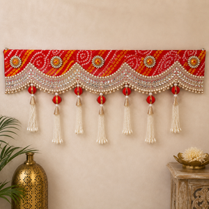 Handmade <b>Red</b> Bandhani Mirror Work Pearl Tassel Bandhanwar Toran Door Hanging Diwali Wedding Home Decor Entrance Decoration - Product Image 1