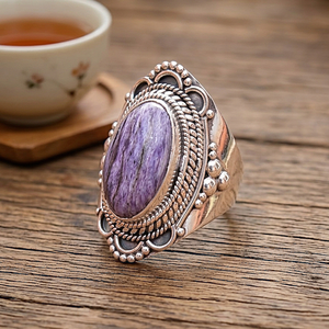 925 Sterling Silver Natural Charoite <b>Ring</b> Handmade Vintage <b>Statement</b> <b>Ring</b> Women Boho Gemstone Jewelry Gift for Unisex Women Her - Product Image 3