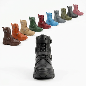 รองเท้าบูทมอเตอร์ไซค์หนังสีพื้นแบบกำหนดเอง รองเท้าบูทข้อเท้าสไตล์สั่งทำ สายรัดหัวเข็มขัด แบบผูกเชือก รองเท้าขี่มอเตอร์ไซค์กลางแจ้งเพื่อความปลอดภัย - Product Image 1