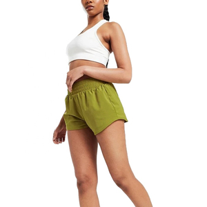 High Waisted Women's Sport Shorts Solid Color Elastic Waist Knitted Breathable Regular Fit Olive Green - Product Image 1
