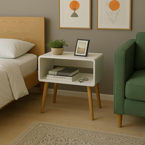 Modern Midcentury Nightstand With Wooden Legs White <b>Storage</b> Table For Bedroom other Furniture - Product Image 1