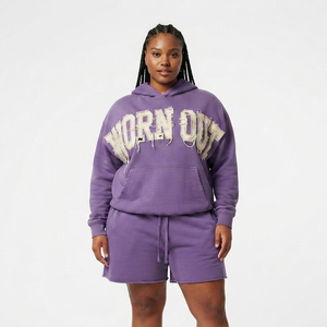 Women Plus Size Distressed Embroidery Shorts Set Baggy Loose Fit Casual Winter Wear Two Piece Fleece Sweat Short Set Ladies - Product Image 1