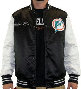 Veste universitaire personnalisée en satin noir pour homme, veste bomber à manches blanches, vente en gros, broderie du logo de l'équipe, vêtements de sport de baseball - Product Image 2