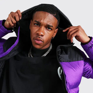<b>Men's</b> <b>Purple</b> Hooded Puffer Jacket Color Blocking Windproof Zipper Closure Streetwear Winter Outerwear - Product Image 5