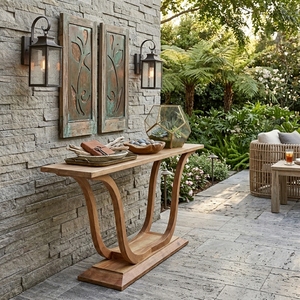 Mesa Consola de Pedestal Curvo de Madera Maciza Hecha a Mano, Mesa Escultural para Entrada, Sofá, Interior, Exterior, Patio, Pasillo - Product Image 5