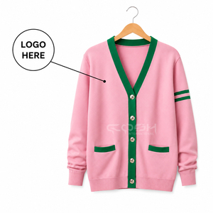 เสื้อคาร์ดิแกนถักไหมพรมคอวี แขนยาว สีชมพูเขียวตัดกัน สไตล์พรีปปี้  โลโก้สั่งทำพิเศษสำหรับชมรมนักเรียนหญิง Cosh International - Product Image 1