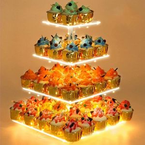 Espositore per Cupcake a 4 Piani in Acrilico Premium con Luci LED, Albero di Dessert, Torre per Torte, Accessori per Decorazioni per Compleanni, Matrimoni, Bar di Dolci - Product Image 1
