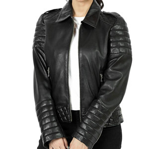 Real Leather Cow Skin Zipper Black Women <b>Biker</b> <b>Jacket</b> with Polyester Lining Cotton Filled Windproof Pockets Designer women - Product Image 1