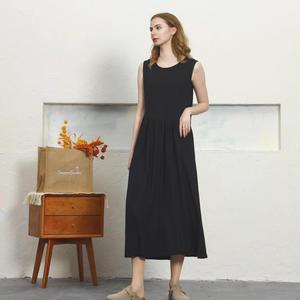 Premium Black O-Neck Sleeveless Linen Cotton Midi <b>Dress</b> <b>Loose</b> Fit Casual Summer <b>Dress</b> With Pockets - Product Image 3