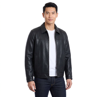 Veste en cuir pleine fleur véritable noire pour homme, col rabattu, fermeture éclair, vêtement d'extérieur décontracté pour l'automne, coupe classique, couleur unie