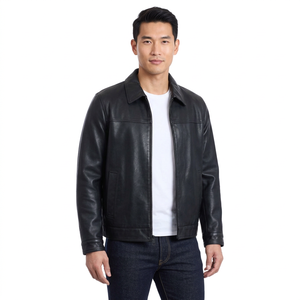 Men's <b>Black</b> Genuine Full Grain Leather <b>Jacket</b> Turn-down Collar Zipper Closure Casual Autumn Outerwear Regular Fit Solid Color - Product Image 1