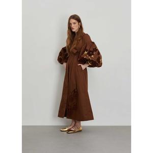 Women Brown Cotton Maxi <b>Dress</b> Embroidered Balloon Sleeve Tie Waist <b>Boho</b> Long <b>Dress</b> - Product Image 4