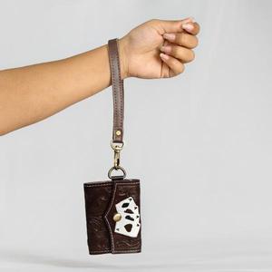 Handmade Genuine Leather Card Holder With Hollow Out Design Vintage Style Button Closure Unisex Short Wallet - Product Image 1