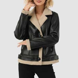 Vestes en cuir PU vintage pour femmes, grandes tailles, col à revers, manches longues, vestes en cuir rembourrées, veste bomber rétro coupe-vent - Product Image 3