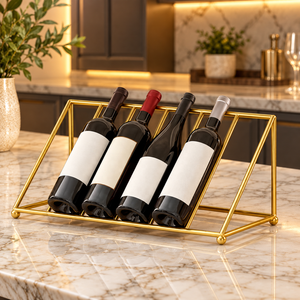 Porte-bouteilles à cadre incliné avec capacité pour 4 bouteilles, support de comptoir en métal doré pour bar, restaurant, maison, rangement et présentation - Product Image 1