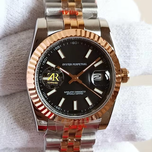 Montre mécanique de luxe 36 mm de haute qualité bicolore, cadran noir, index lumineux, lunette cannelée or rose, style hip-hop - Product Image 1