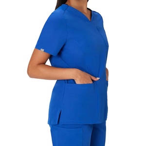 Blouses médicales pour femmes à manches courtes, bleues, col en V, avec poches, en polyester tissé, uniformes d'hôpital, service OEM - Product Image 1