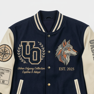 Veste universitaire Urban Odyssey pour homme, bleu marine et crème, avec logo loup brodé, style preppy, manteau d'automne - Product Image 5
