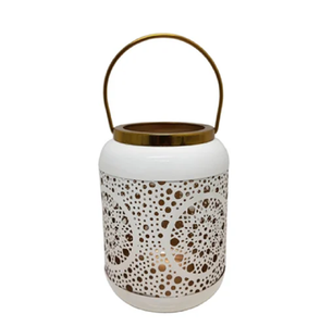 Charming forest themed metal <b>lanterns</b> in two-tone <b>black</b> and white finishes with gold bases, available at wholesale prices. - Product Image 5